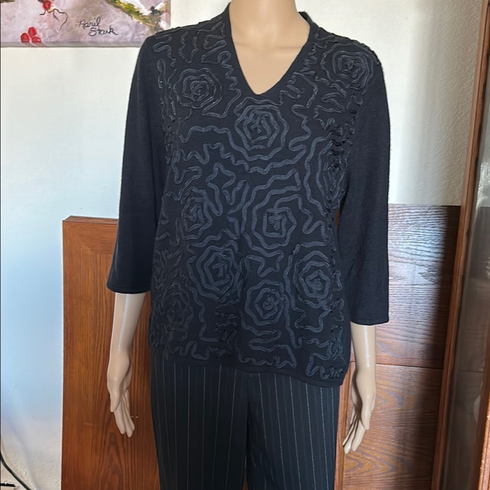 Black Embroidered V-Neck Top